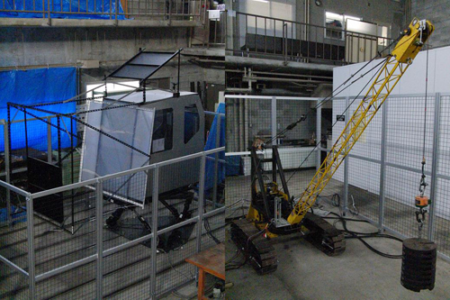 図１ 不整地作業機械-人間-環境系のMRシミュレータシステム
（左：実機運転室シミュレータ、右：機械スケールモデル）