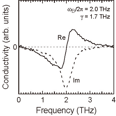 図２ GaAs/AlAs超格子のテラヘルツ複素伝導度スペクトル［Physical Review B 81, 125329（2010）］。伝導度の実部が負になっている周波数領域で増幅利得が発生する。