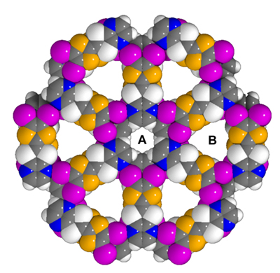 図２ ヨウ素結合で構築した、超分子有機伝導体の結晶構造の一例。