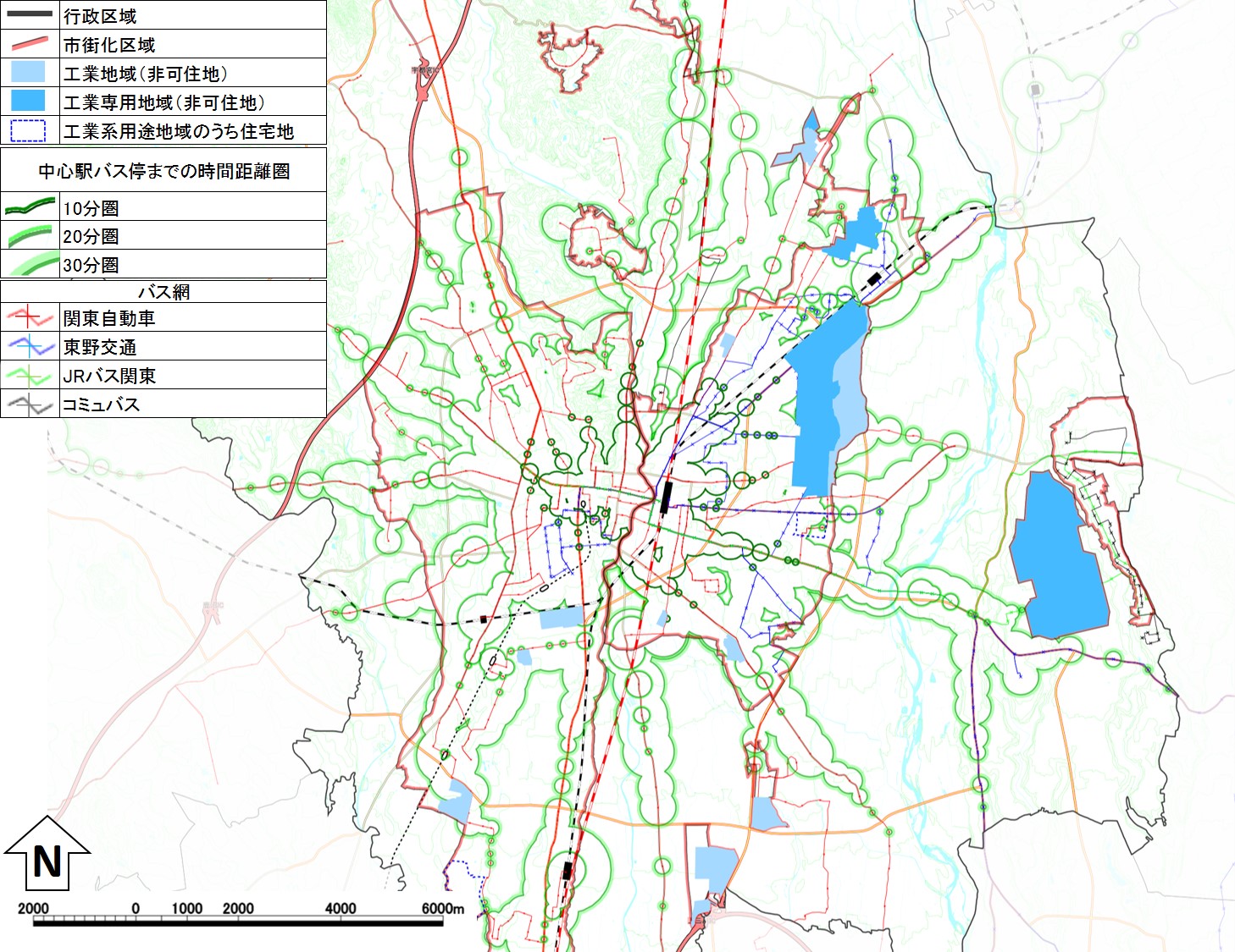 図1　中心駅までの公共交通による時間距離圏（宇都宮市）